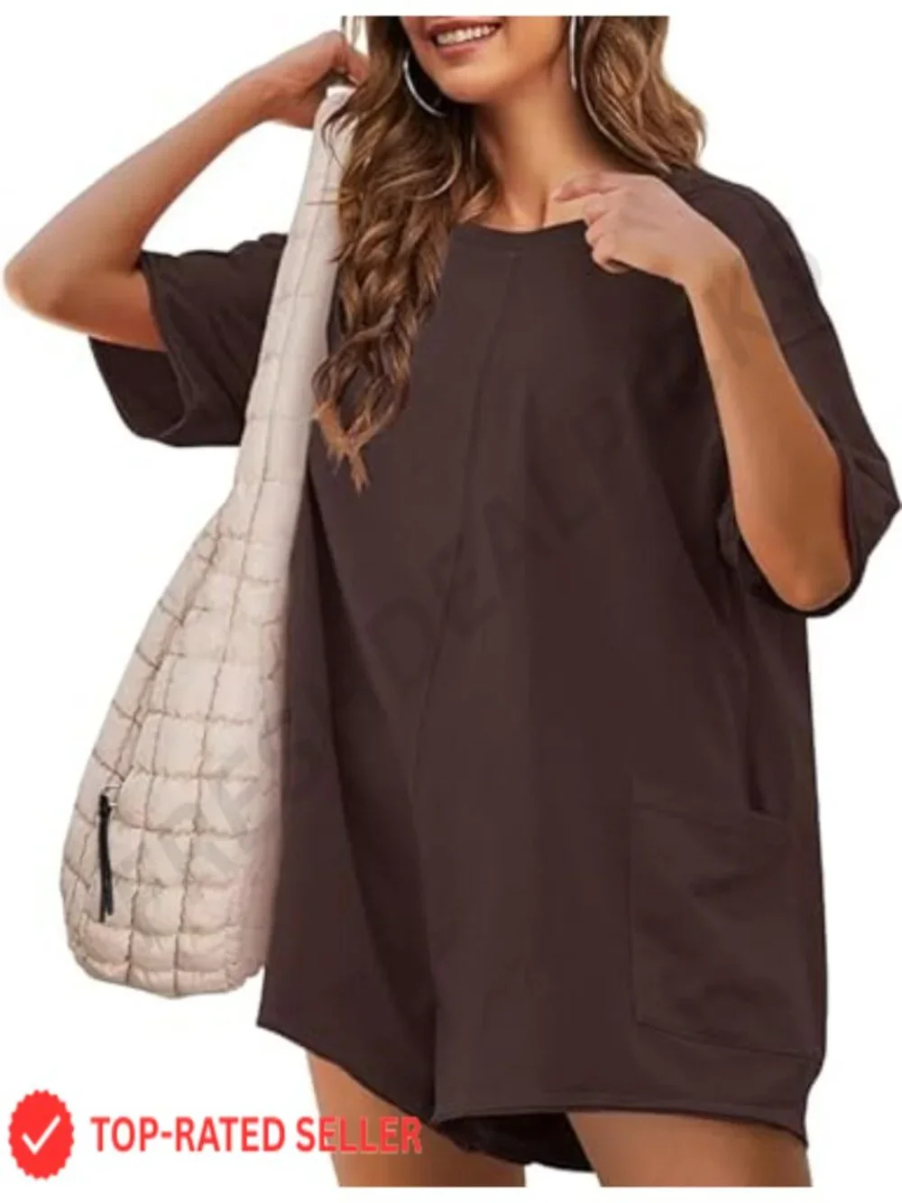 Oversized Short Sleeve Romper for Women, Cotton Spandex, Patch Pockets,